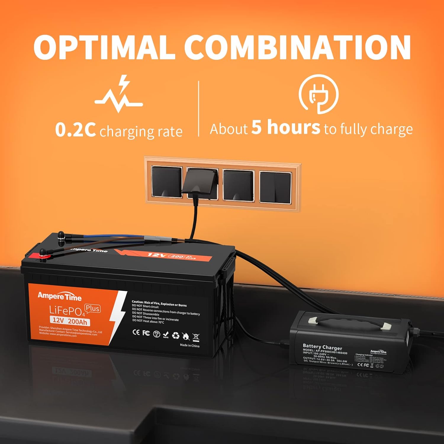 Ampere Time 12V 200Ah LiFePO4 Battery with 14.6V 20A Dedicated Lithium Battery Charger; Built-in 200A BMS, 4000+ Cycles, Perfect for RV, Solar, Marine, Overland, Off-Grid Application��