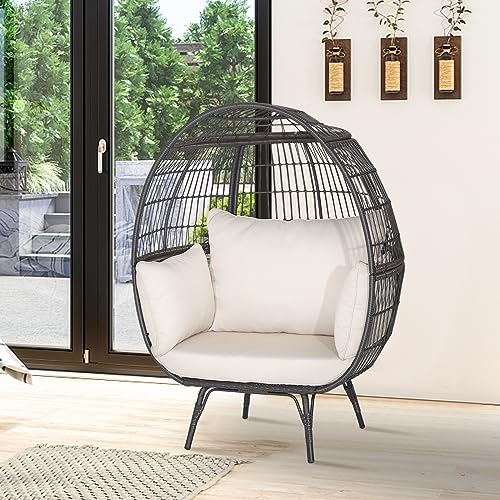 Oversized Egg Chair, Wicker Patio Basket Circle Lounge Chair w/Metal Stand & 4 Thick Cushions, PE Rattan Egg Lounger Outdoor Indoor for Backyard, Balcony, Living Room (Light Brown)