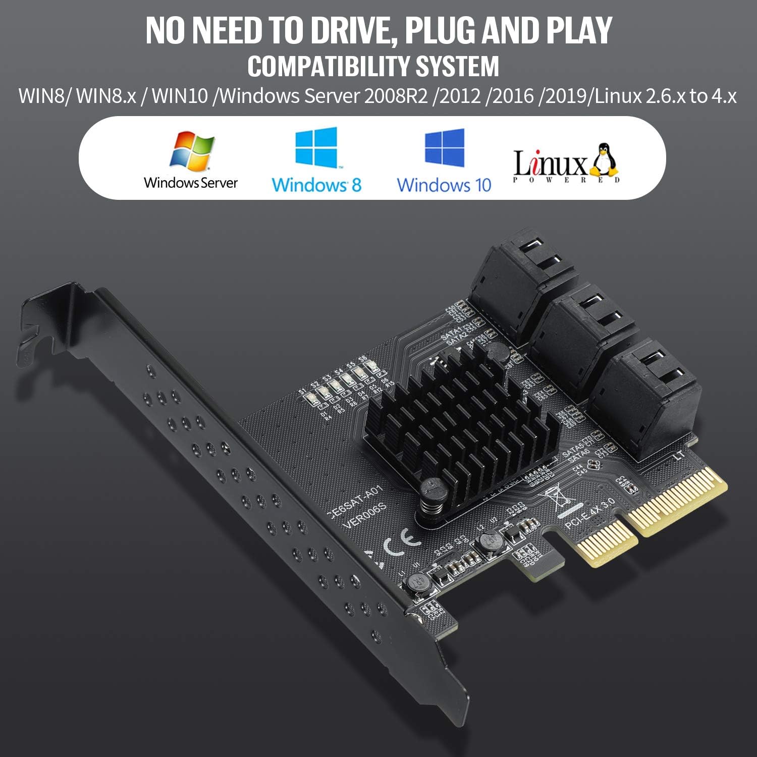 BEYIMEI PCIe 4X SATA Card 6 Ports,SATA III 6 Gbps Controller Expansion Card, ASM1166/SATA 3.0 Non-Raid,with 6 SATA Cables, (Support 6 SATA 3.0 Devices) Pack of 2