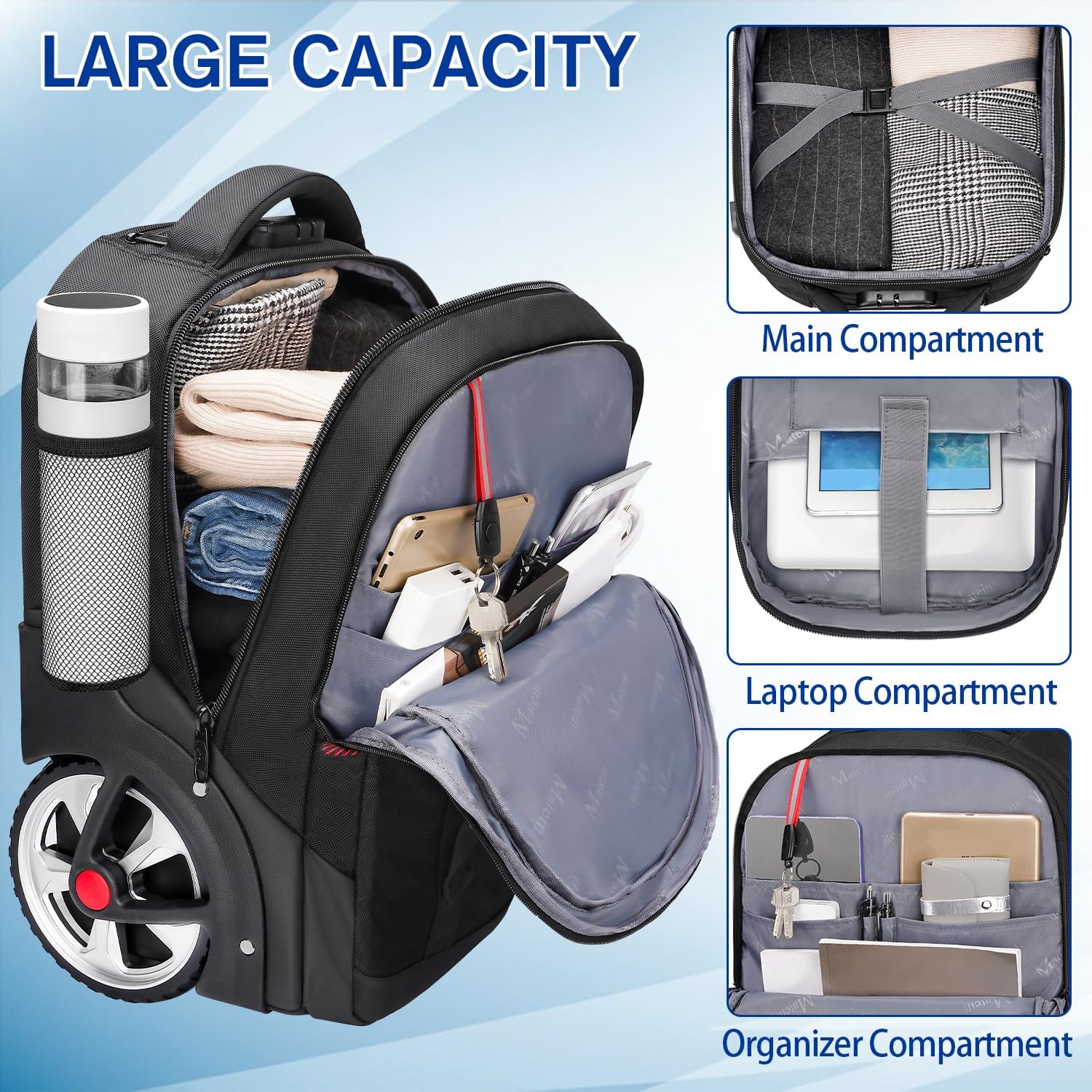 MATEIN Rolling Backpack for Adults with Wheels, 17 Inch Large Wheeled Backpack with USB Charging Port & Combination Lock, Water Resistant Anti Theft Travel Laptop Backpack for Men Work Business, Black