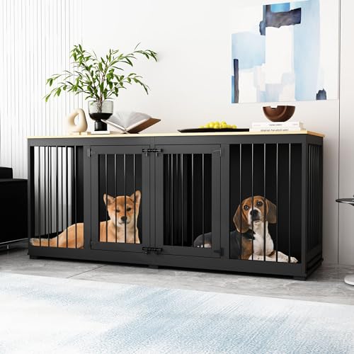 Dog Crate Furniture 71" Heavy Duty Wooden Large Dog Kennel with Trays, Removable Divider, Indoor Furniture Style Dog Crate House W/Double Rooms for Large Medium Small Dogs, White