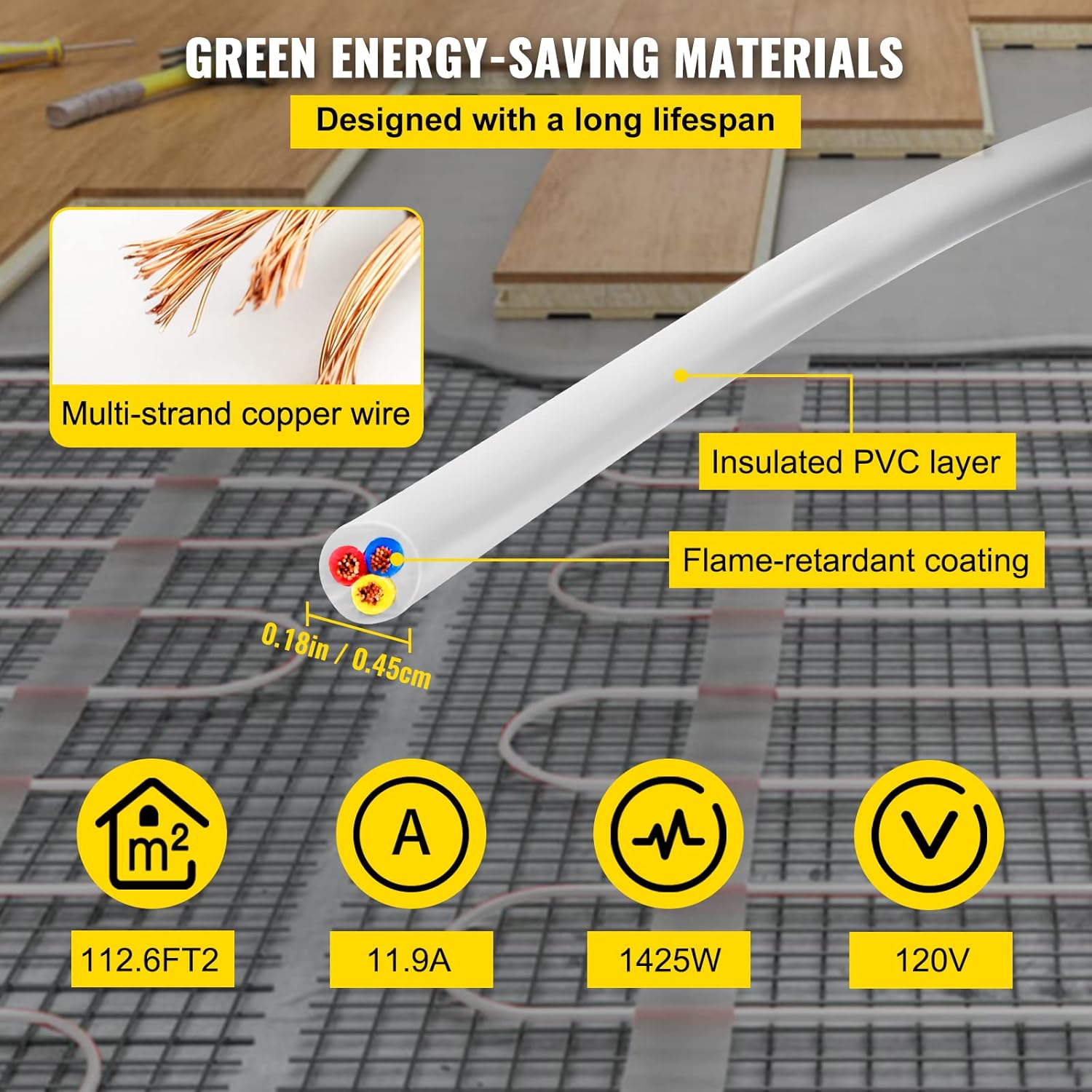 VEVOR Floor Heating Cable 128.8 Square Feet Durable Floor Tile Heat Cable, Waterproof and Insulated, with Convenient Temperature Control Panel, Rapid Heating Cable Under Floor w/No Noise or Radiation
