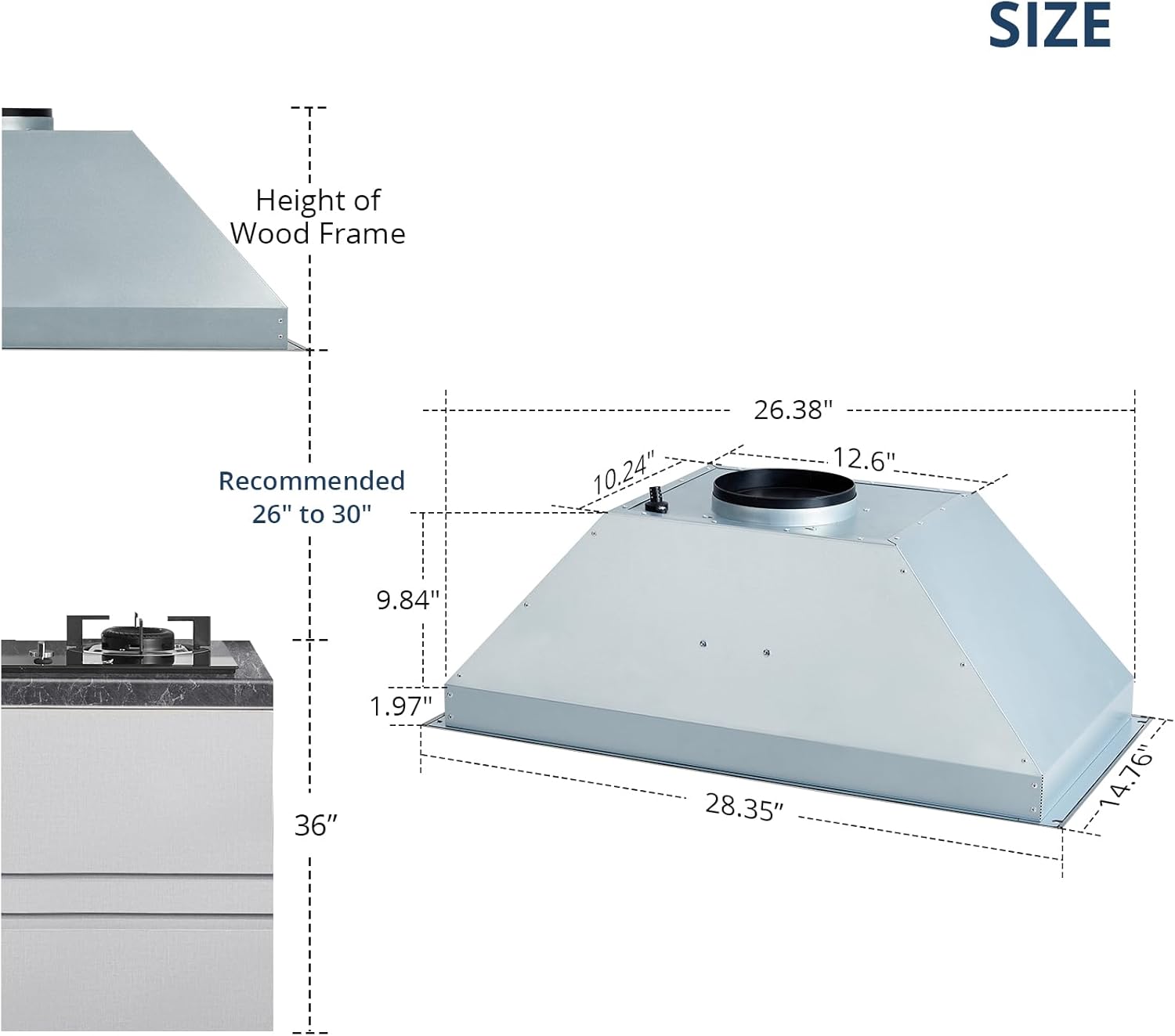 Range Hood, 30 inch Built-in Vent Hood with Stainless Steel Baffle filters 400CFM for Insert Stove Kitchen