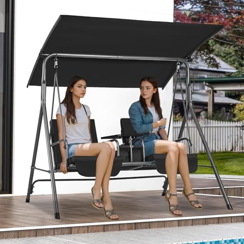 VEVOR 3-Seat Patio Swing Chair, Converting Canopy Swing, Outdoor Patio Porch with Adjustable Canopy, Removable Thick Cushion and Alloy Steel Frame, for Balcony, Backyard, Poolside, Brown