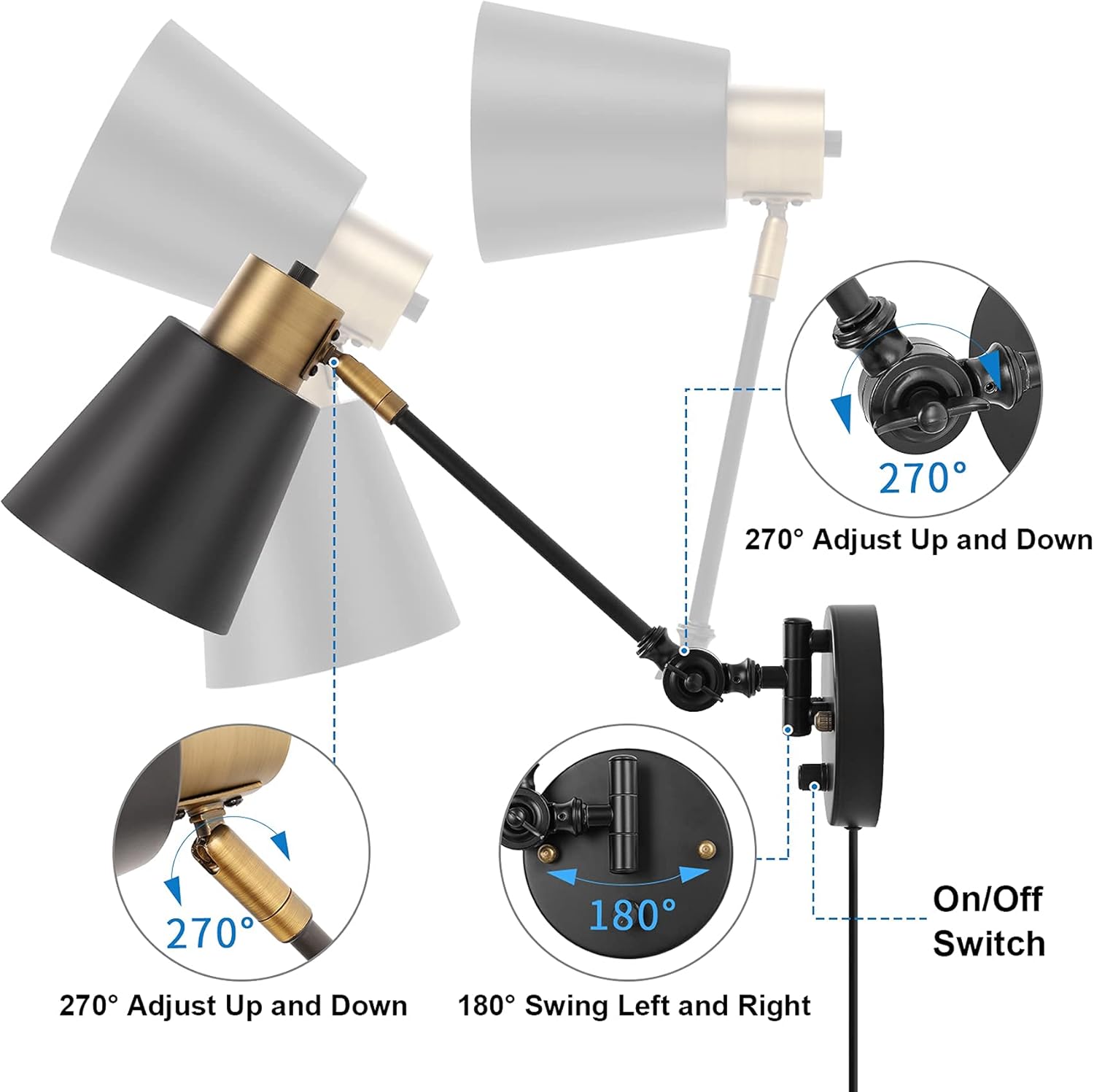Dimmable Wall Lamp with Plug in Cord, ENCOMLI Plug in Wall Sconces, Swing Arm Sconces Wall Lighting with On Off Switch, Metal Black Brass Industrial Wall Sconce Plug in Wall Light, E26 Base