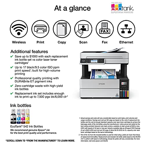 Epson EcoTank Pro ET-5180 Wireless Color All-in-One Supertank Printer with Scanner, Copier, Fax Plus Auto Document Feeder and PCL/Postscript, White, Large