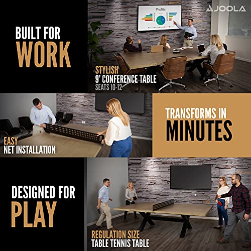 JOOLA Outdoor Table Tennis Table - Multi Use Conference Table Dining Table - Concrete Wood Look Includes Steel Outdoor Ping Pong Net Set & Frame - Hybrid Indoor Outdoor Ping Pong Table