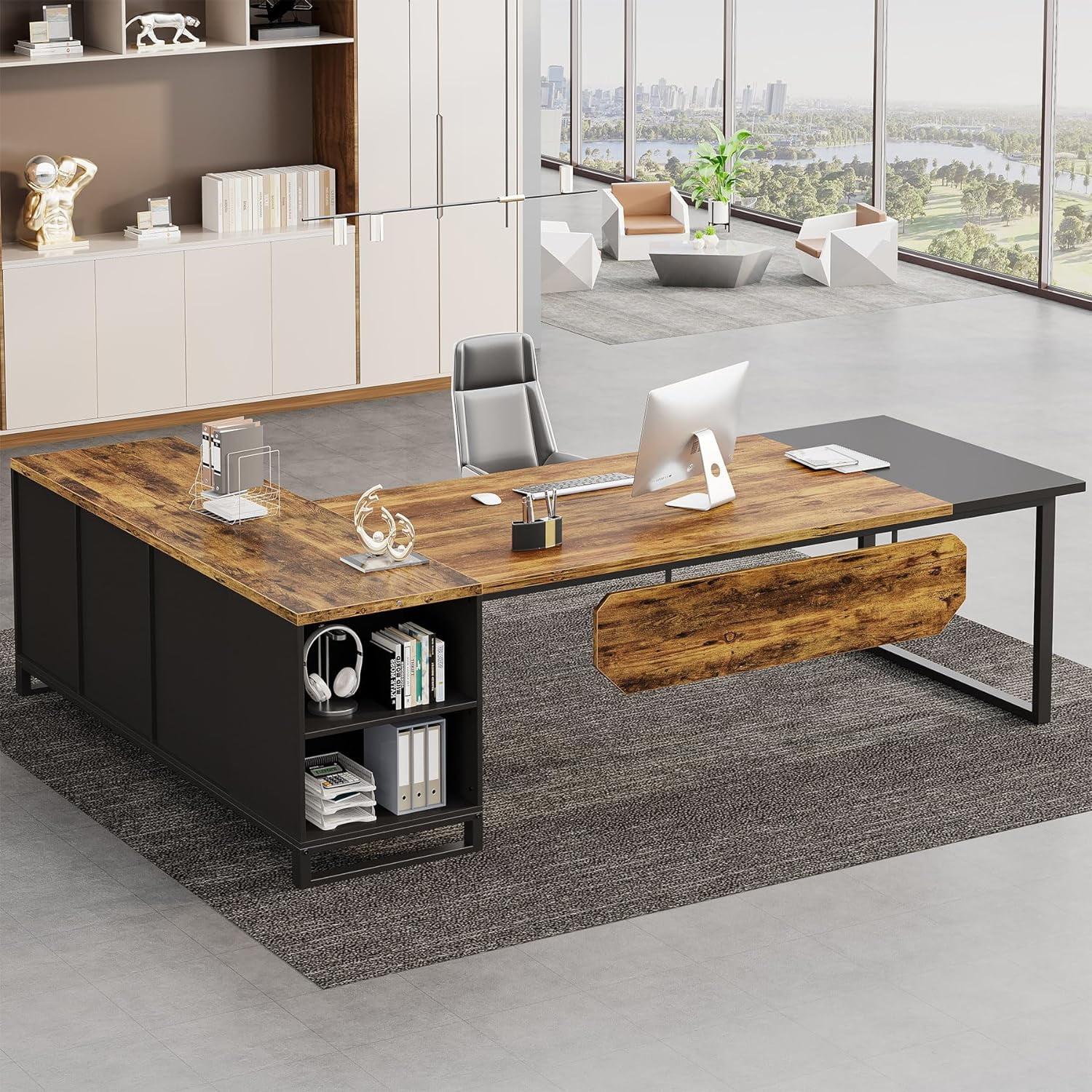 U-SHARE 70.8-Inch Executive Desk with 55-Inch File Cabinet, Large L Shaped Computer Desk with Storage Cabinet and Shelves, Industrial L-Shaped Desk for Home Office, Rustic Brown & Black - Curated Treasures Market