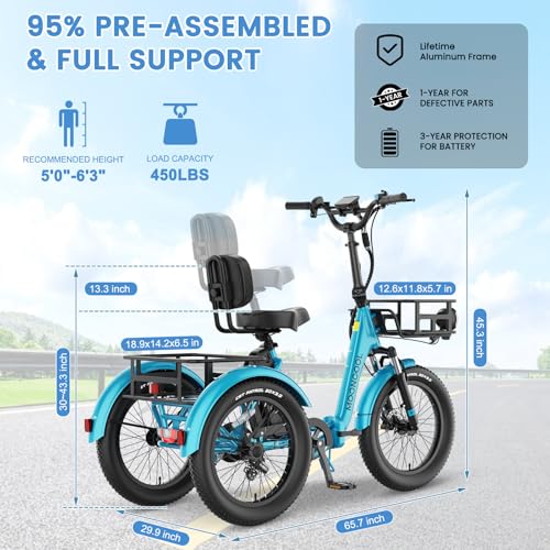 MOONCOOL Electric Trike, Electric Tricycle for Adults, 20" Folding 3 Wheels Electric Bicycle Bikes, 48V 500W/750W Motorized Electric Ebike with Aluminum Frame, Removable Battery and Basket