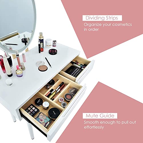 LDAILY Vanity Table Set with 3-Color Lighted Dimming Mirror, Wooden Makeup Table with Cushioned Stool & 2 Sliding Drawer, Touch Screen, Modern Bedroom Dressing Table for Women, Girl (White)
