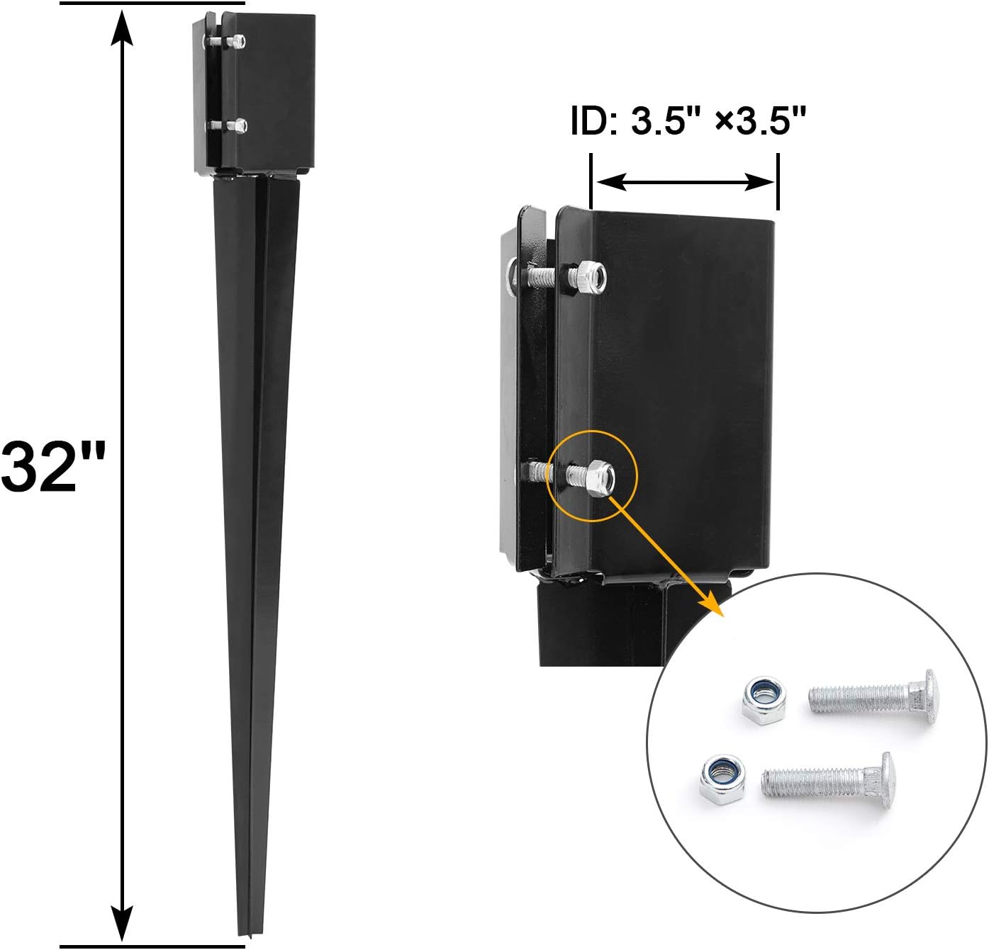 Doniks 4 Pack Fence Post Anchor Ground Spike 32×4 x 4 inch Heavy Duty Metal Powder Coated Post Base for Mailbox Fence Guidepost Garden Ground Post Nail with Tightening Screws Lock Nuts Pack of 2