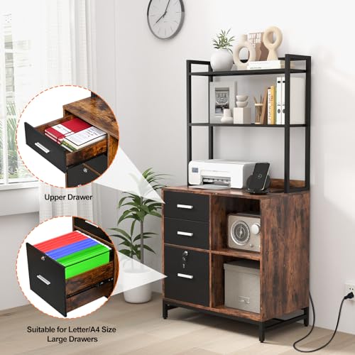 File Cabinet with Charging Station, 3 Drawer Filing Cabinet with Bookshelf, Large Printer Stand with Open Storage Shelves for Home Office, Locking File Cabinets Fits Letter/A4 Size, Brown