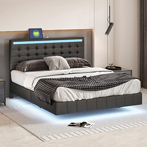 Queen Size Floating Bed Frame with LED Lights and USB Charging,Modern Upholstered Platform LED Bed Frame Queen led Bed Frame (Black)