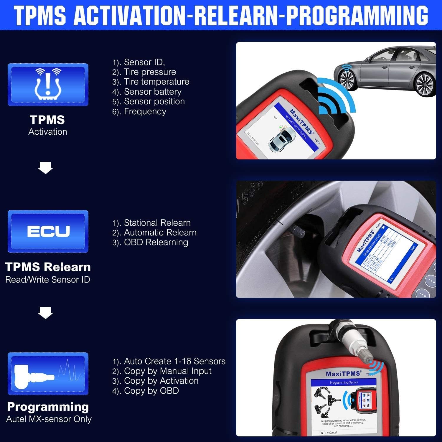 Autel MaxiTPMS TS501 TPMS Relearn Tool Automotive Scan Tool, 2022 Upgraded Ver. of TS401/ TS408, Activate & Relearn All Brands TPMS Sensors, Program MX-Sensors [315/433MHz], Read/Clear TPMS DTCs