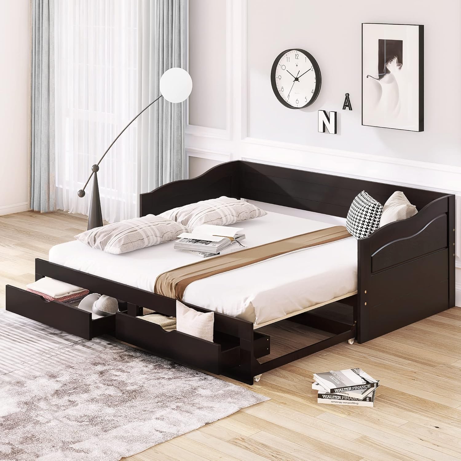 Wood Trundle, Extendable Daybed Twin to King with 2 Storage Drawers, Sofa Bed Frame for Small Space, Bedroom, Living, Guest Room, Espresso