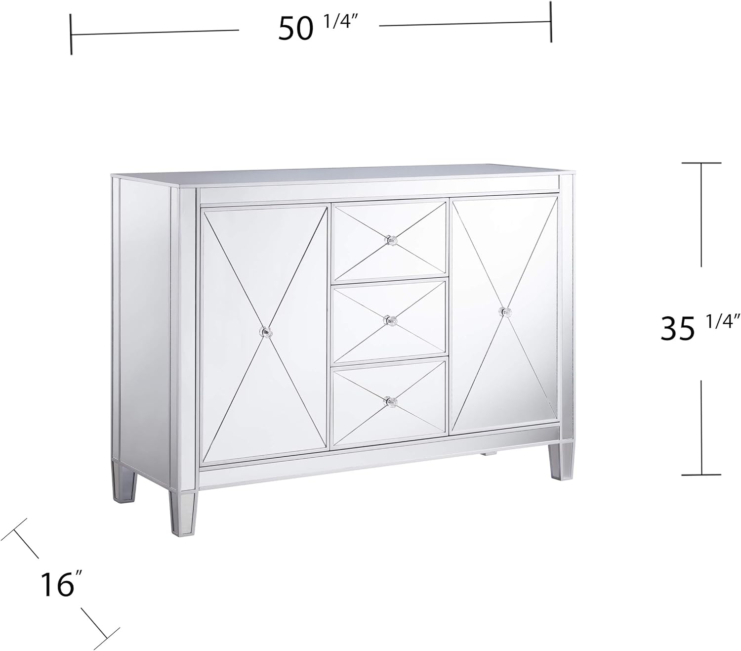 SEI Furniture Mirage Mirrored 3 Drawers, Faux Crystal Knobs, and Matte Silver Trim Cabinet