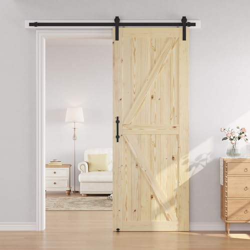 SMARTSTANDARD 36in x 84in Sliding Barn Door with 6.6ft Barn Door Hardware Kit Included, Unfinished Solid Spruce Wood Door, Assembly Required, DIY, Stainable, Natural