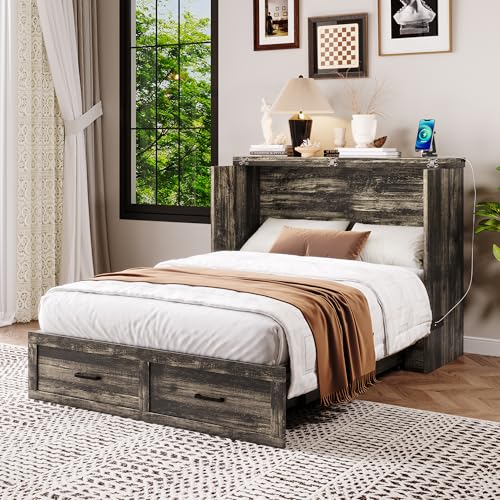 Bellemave Queen Murphy Bed, Cabinet Bed with Charging Station and Storage, Farmhouse Murphy Cabinet with Foldable Panel, Noisy Free, for Guest Bedroom, Living Room, Office, Rustic Gray