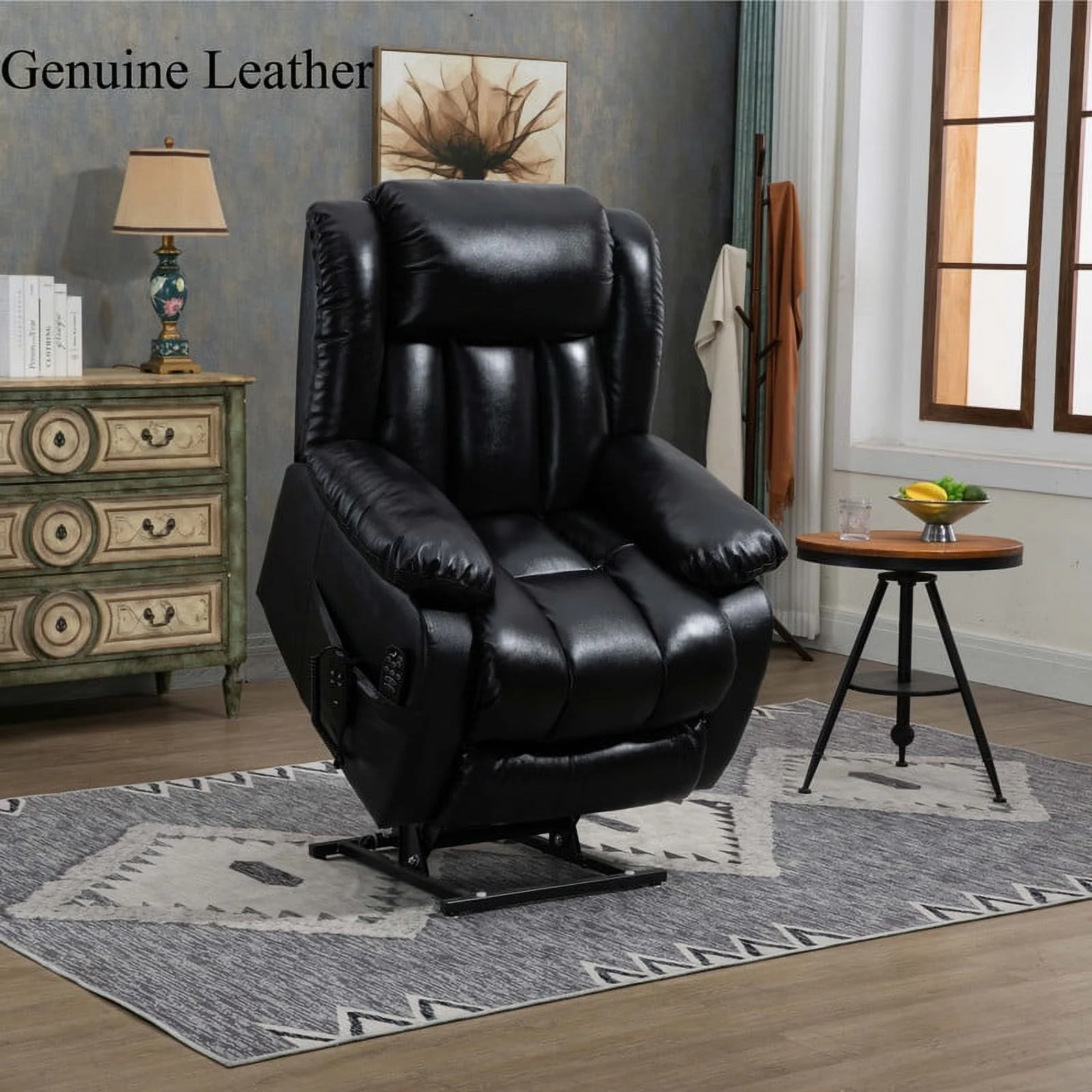 Oversized Dual Motor Lay Flat Power Lift Recliner Chairs for Elderly Adults,Black Leather Electric Recliners Chair with 8-Point Vibration Massage Lumbar Heating,2 Side Pocket,23" Seat Width