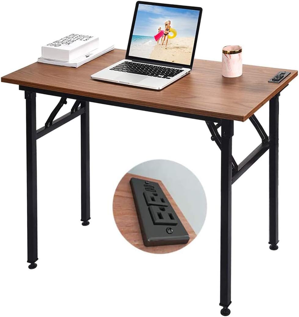 Frylr Small Folding Writing Desk with USB Ports & Power Plugs 31.5x15.7x29 Inch Small Office Computer Desks Portable for Home Office, Foldable Student Study Tables for Small Space, Walnut