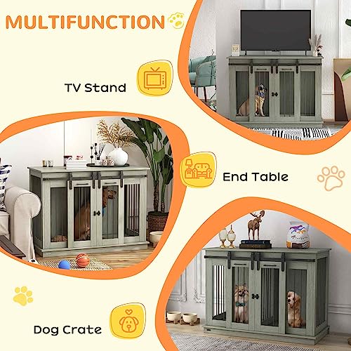 PawHut Dog Crate Furniture with Divider, Dog Crate End Table for Small to Large Dogs, Large Indoor Dog Kennel with Double Doors, 47" W x 23.5" D x 35" H, Oak