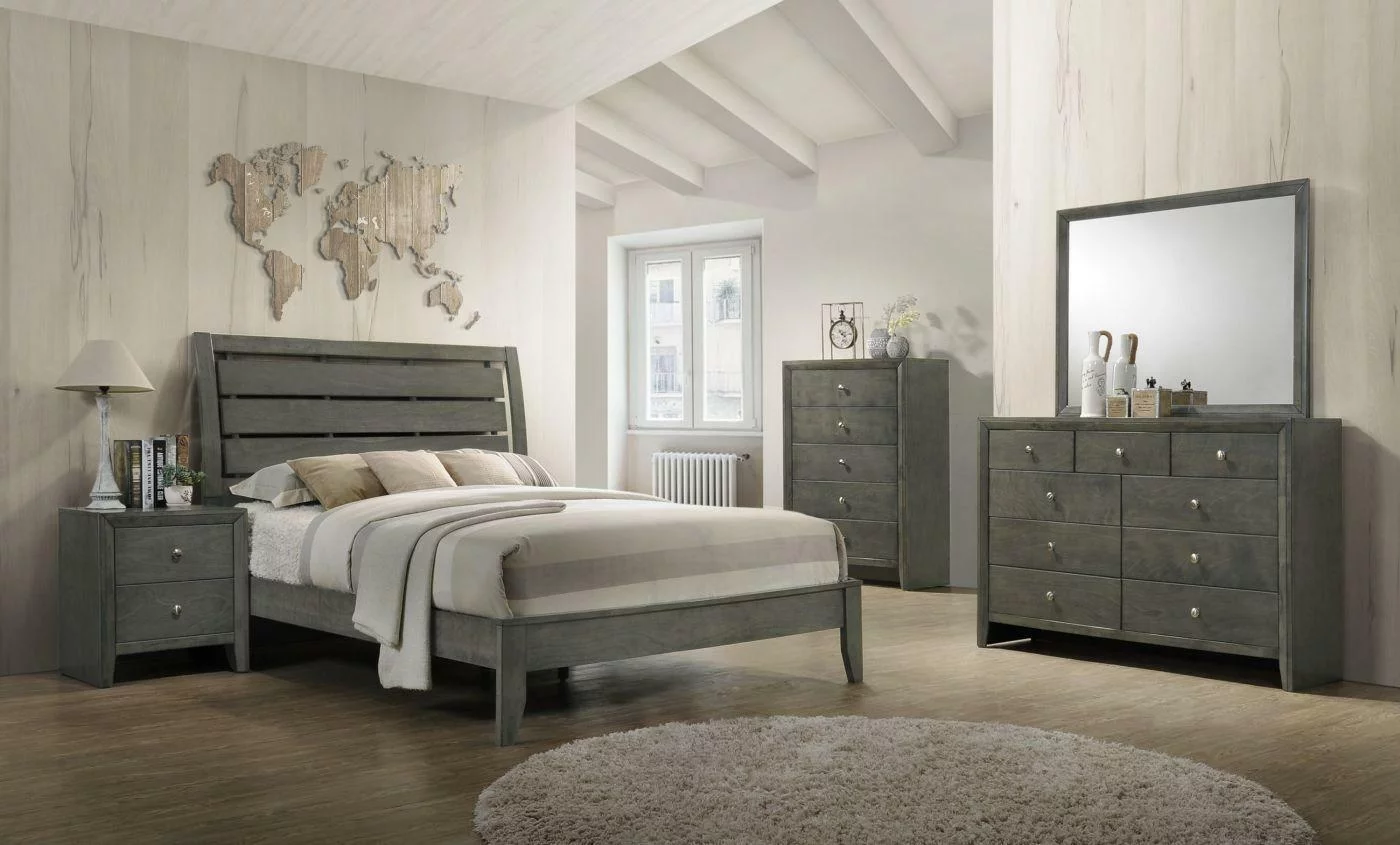 Contemporary Style Queen Size Bed Dresser Mirror Nightstand 4pc Set Gray Finish Solid Wood Bedroom Furniture