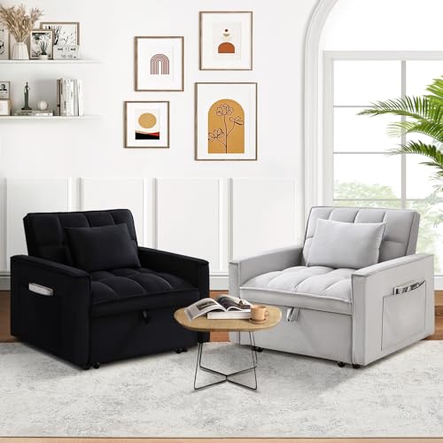 Sleeper Chair Bed,3 in 1 Convertible Sleeper Sofa,Velvet Tufted Upholstered Single Sofa Bed with Adjustable Backrest,Pull Out Recliner Lounger Bed for Living Room,Office,Apartment,Small Space(Grey)
