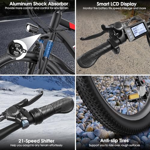 Electric Bike for Adults, Peak 1000W Ebike, 50Miles 21.7MPH Adult Electric Bicycles, 26" Electric Mountain Bike 48V 374.4WH Battery, Commuter E Bike with Adjustable Stem, Fenders, 21 Speed