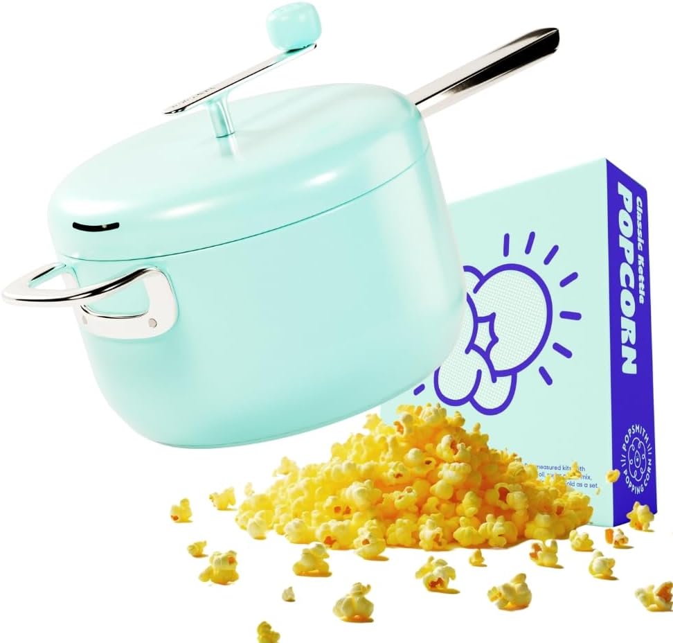 Popsmith Popcorn Popper in Mint & Pack of 5 Classic Kettle Corn Popcorn Kits Bundle - 4 oz Popcorn Packets and Stainless Steel Popcorn Maker Compatible with All Stovetops