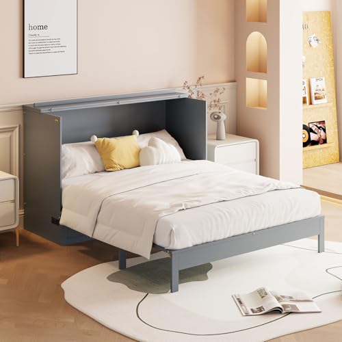 Full Size Murphy Bed Cabinet, Solid Wood Murphy Bed with Charging Station and Large Storage Drawer, Wall Mounted Foldable Platform Bed, Space Saving for Guest Room, Office, Gray