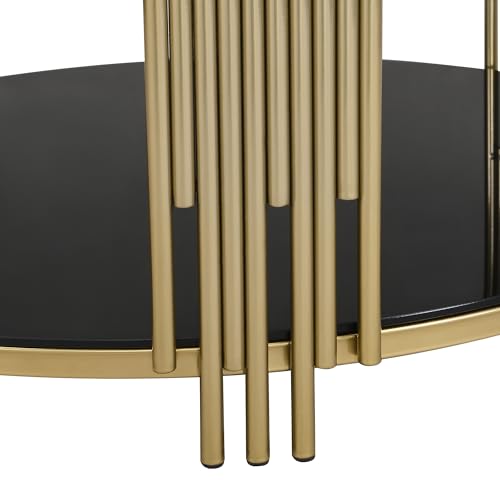LUMISOL Round Mirror Coffee Table with Tempered Glass Tabletop and Circular Metal Drum Base, 31.5" Cocktail Table with Asymmetrical Metal Tubing, Black