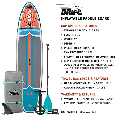 Drift Inflatable Stand Up Paddle Board - SUP Paddle Board and Accessories, Including Pump, Paddle, and More