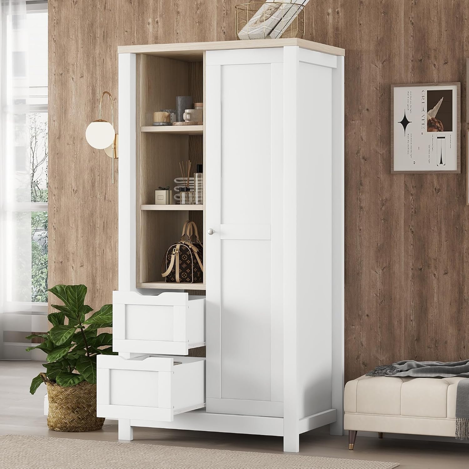 Merax Wardrobe Closet Organizer with 2 Drawers, Open Shelves and Hanging Rods Slim Wooden Armoire Sliding Door Functional Clothes Storage Cabinet for Bedroom, White