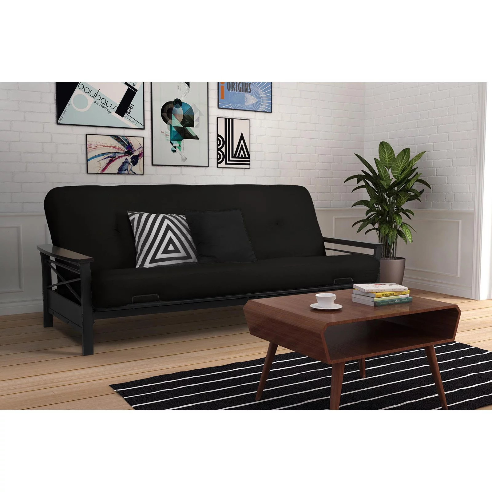 DHP Nadine Metal Futon Frame with Espresso Wood Armrests, Full Size, Mattress Not Included