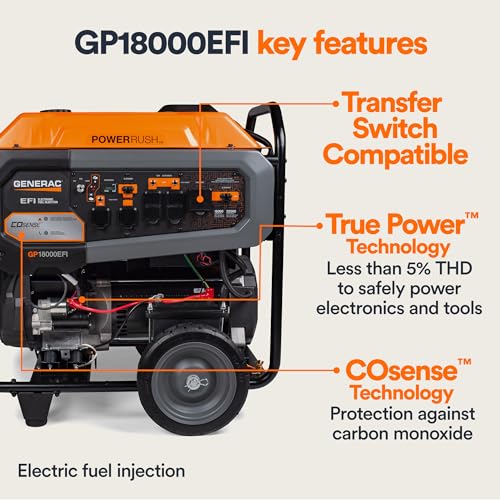 Generac 8,000-Watt Gas-Powered Portable Generator - Electric Start with COsense - PowerRush Advanced Technology - Reliable Power for Emergencies, Recreation, Home - 49 State Compliant - Orange/Black