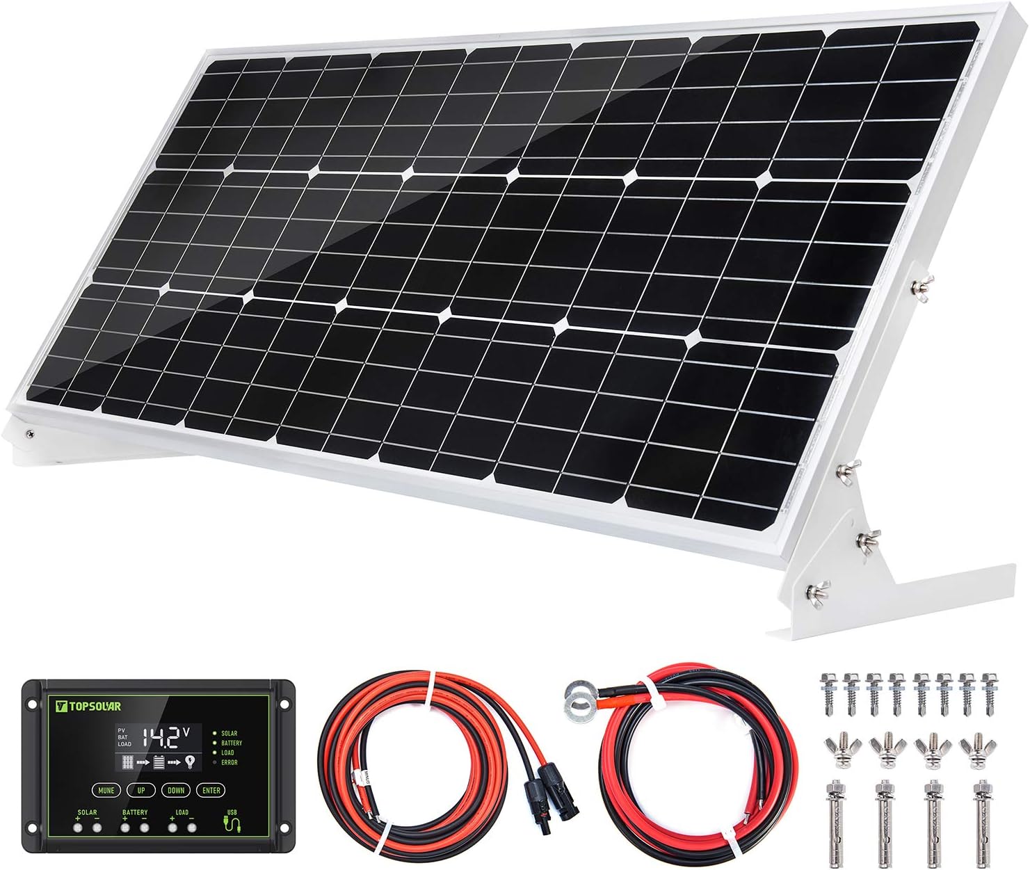 Topsolar 100W 12V Solar Panel Kit Battery Charger 100 Watt 12 Volt Off Grid System for Homes RV Boat + 20A Solar Charge Controller + Solar Cables + Brackets for Mounting