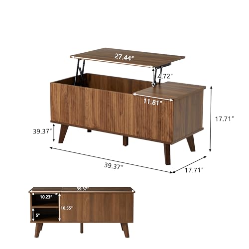 Mid-Century Modern Rectangular Wood Coffee Table with Dual Storage Shelf, Storage Center Coffee Tables with Waveform Panel Sliding Door Dining Table for Living Room Apartment(Walnut)