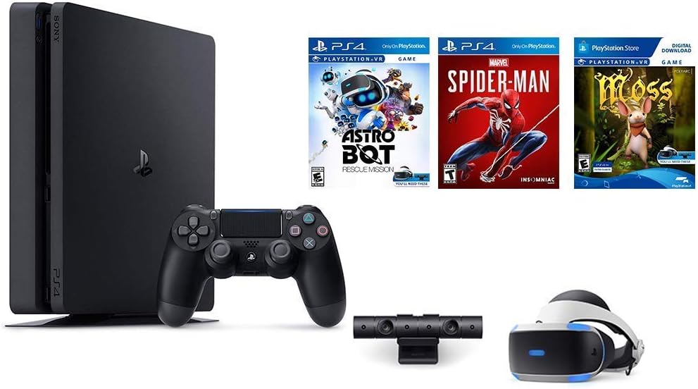 Sony Sony Playstation 4 Playstation 4 Slim 1TB Console Plus PS4 VR: Ps Camera, Ps VR Headset, Dual Shock 4 Wireless Controller, Game: Spider-Man, Moss Game, Astro Bot Rescue Mission, Black