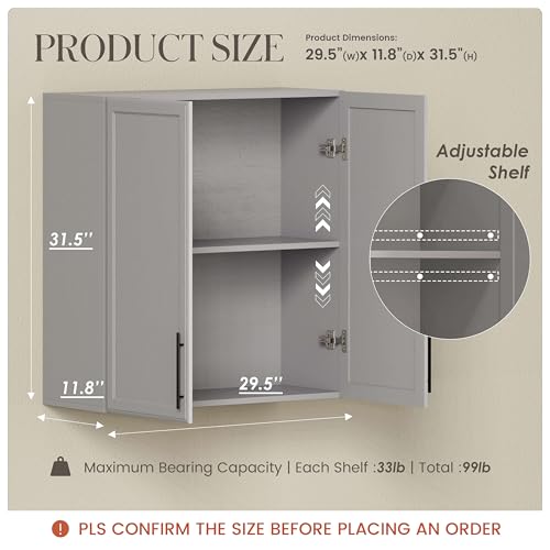 FIMELLO 30" Laundry Room Wall Cabinet with Adjustable Shelf, Large Wall Storage Cabinet, White Wall Cabinet with Doors, Upper Kitchen Cabinet, Cabinets for Laundry, Bathroom, Kitchen -White
