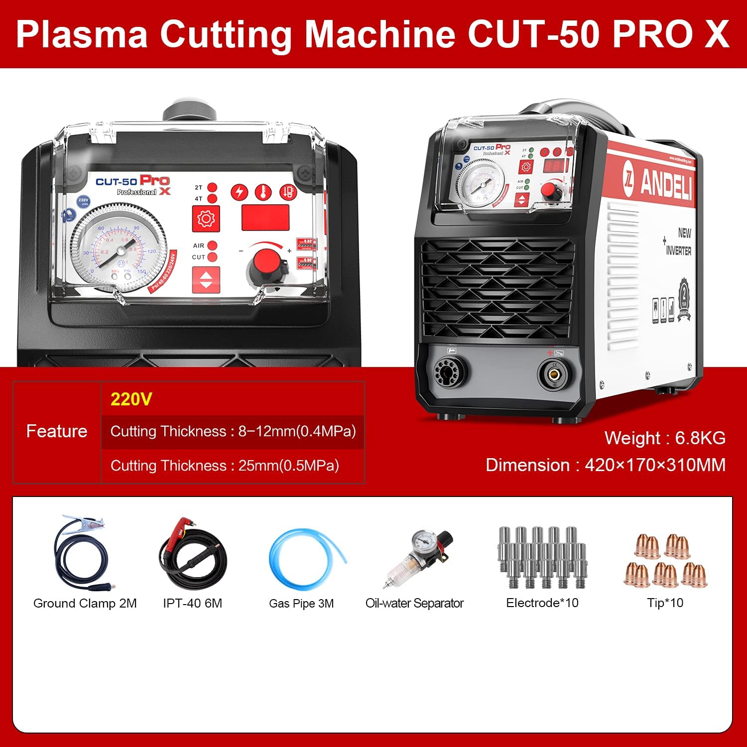 ANDELI 50Amp Plasma Cutter Maximum Cut Thickness 13/16&Prime;(30mm) Low Frequency DC Inverter IGBT Air Plasma Cutting Machine CUT-50 Pro XS (110V/220V)