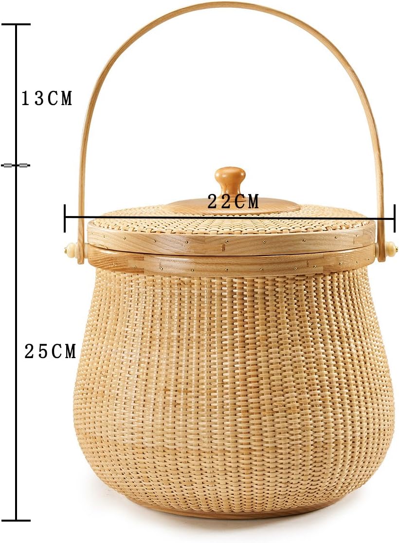 Teng Tian Natural ash wood and cane round Nantucket baskets with swing handle Removeable Lids Multi-purpose household storage box