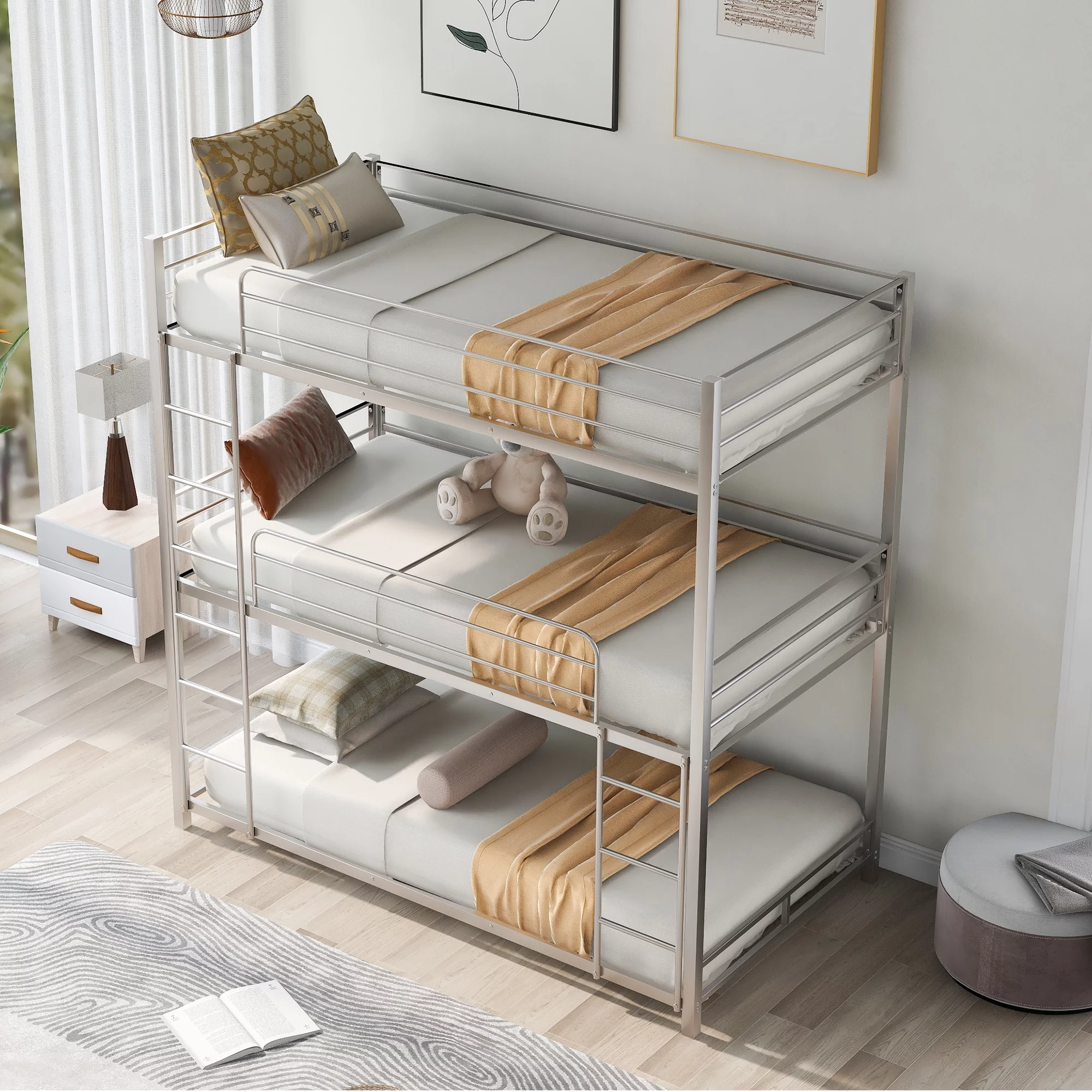 CHURANTY Metal Triple Bunk Bed Twin Over Twin Bunk Bed with Ladder and Safety Guardrail 3 Bunk Bed for Living Room Bedroom, Sliver