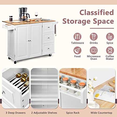 SILKYDRY Kitchen Island with Stainless Steel Top, Rolling Kitchen Trolley Cart with Storage Cabinet, 3 Drawers, Towel & Spice Rack, Island Table for Kitchen, Dining Room