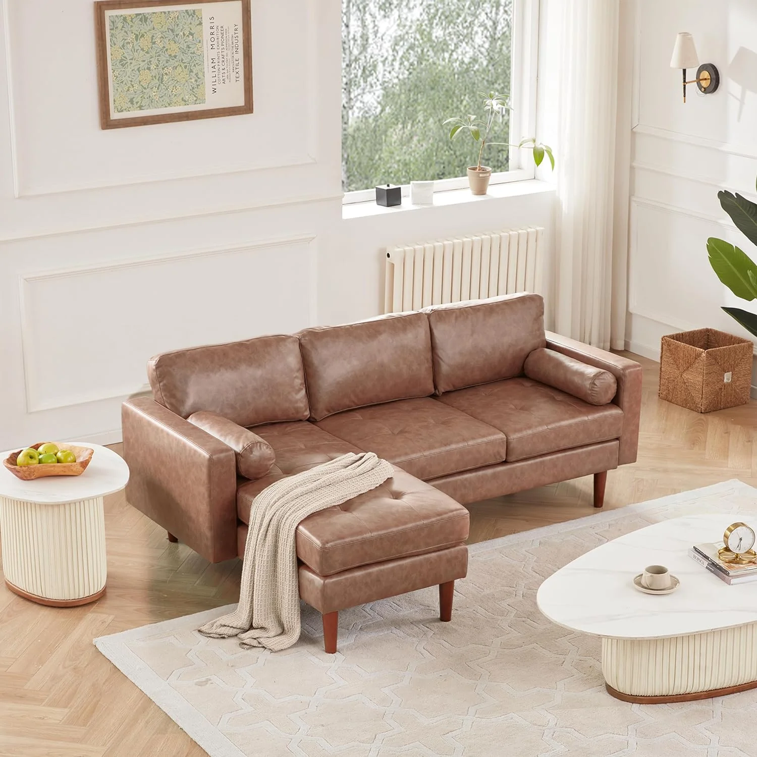 80" W Sectional Sofa Couch, L Shaped Couch with Reversible Chaise, Mid Century Modern Leather Couches for Living Room Apartment Small Space, Convertible Sofa with Tufted Seat Cushion, Brown