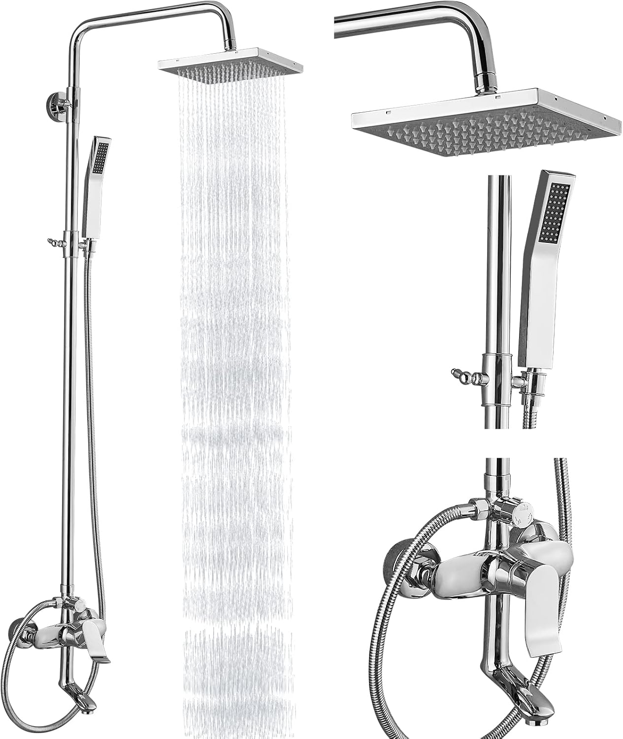 Heyalan Exposed Shower System Brushed Nickel 3 Functional Adjustable Complete Set Tub 8 Inch Square Rainfall Shower Head with Square Hand-held