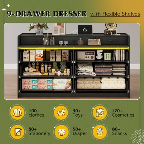 WLIVE 9 Drawer Dressers, Modern Large Wood Dresser Chest for Bedroom Organize with Sturdy Metal Handle, TV Stand for 75 inch TV, Living Room Office, Hallway, Ball Bearing Slide, Grey Oak (63" W)