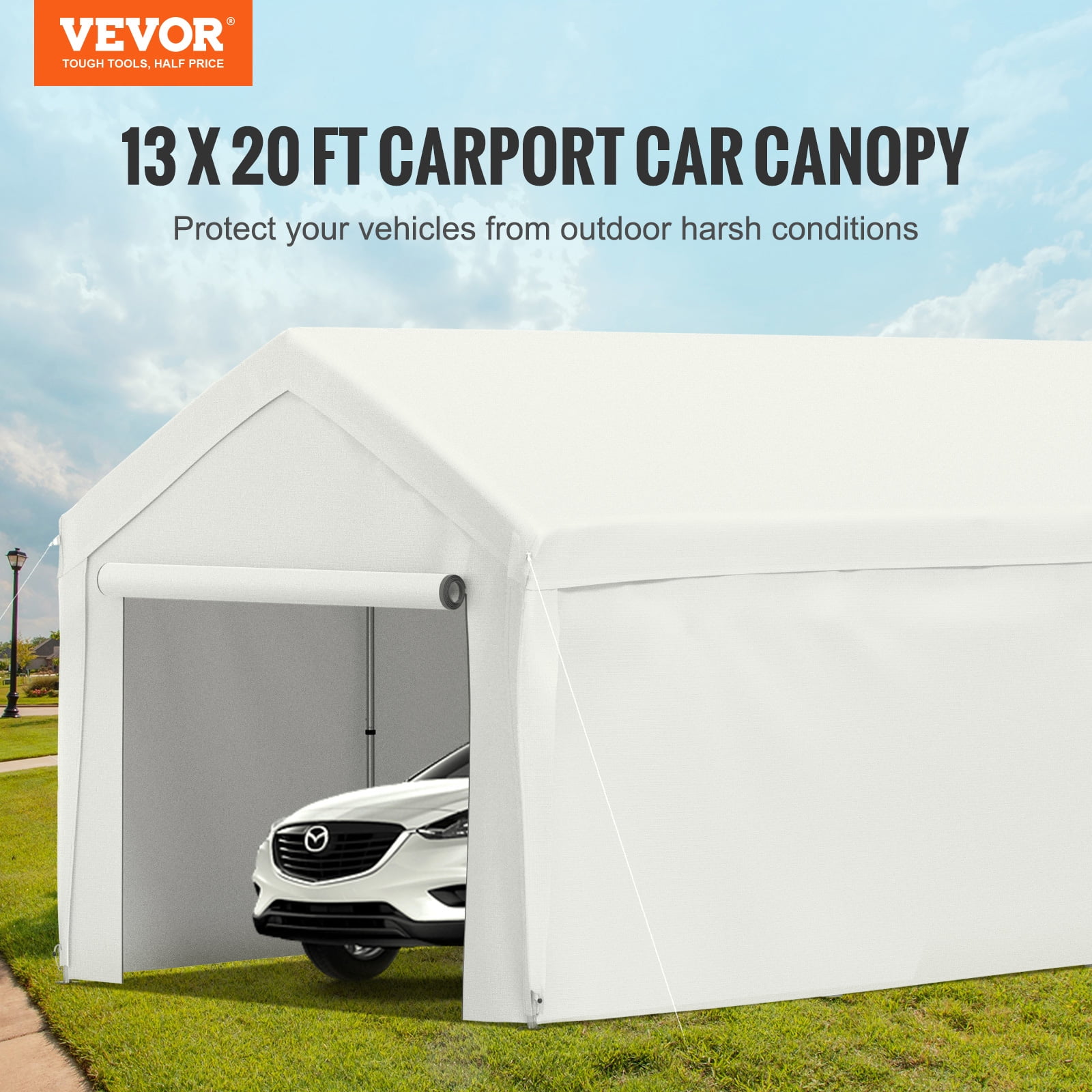 VEVOR Carport Car Canopy 13 x 20 ft, Heavy Duty Garage Shelter with 8 Legs and Removable Sidewalls, Car Garage Tent for Party, Birthday, Boat, Adjustable Peak Height from 9.6 ft to 11.3 ft, White