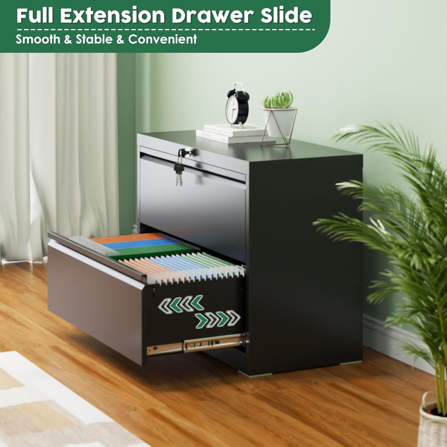 Metal Lateral File Cabinet, 2 Drawer Filing Cabinet with Lock, Ins Design Home Office Storage File Cabinet for Letter/Legal/A4 Size, Assembly Required