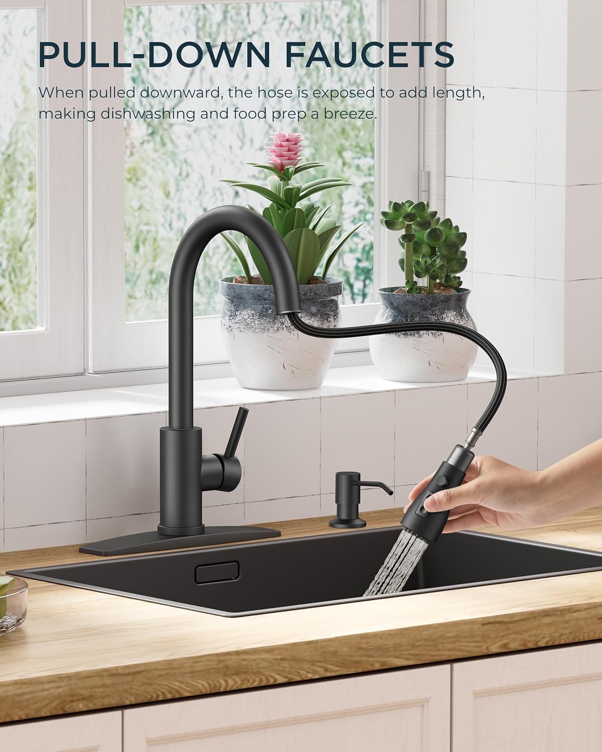 FORIOUS Kitchen Faucets with Pull Down Sprayer + 8 Inch Waterfall Bathroom Faucet 3 Hole