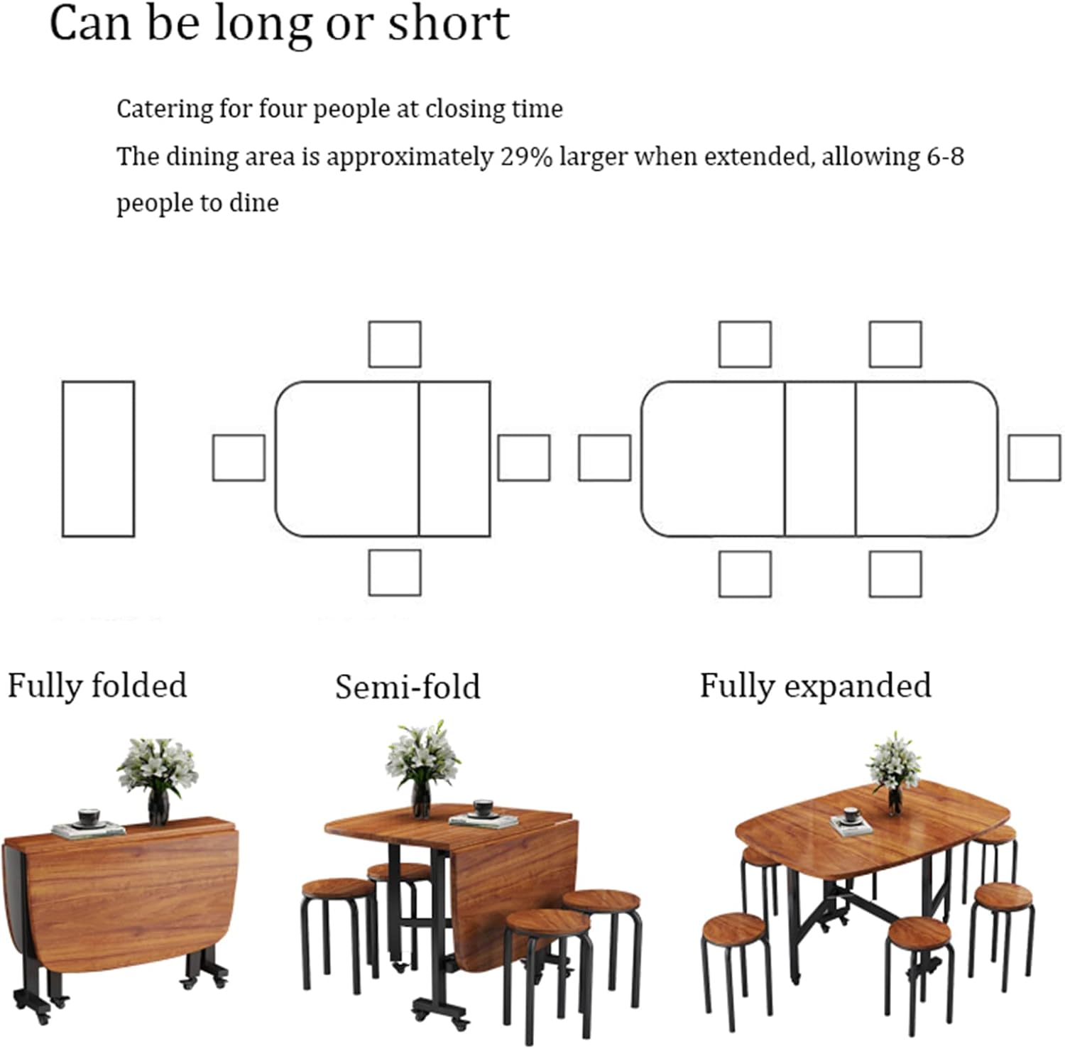 Kitchen Folding Tables, Butterfly Folding Dining Set 4 Space-Saving Folding Dining Table Set with 4 Chairs and 360° Universal Wheels Movable Drop Leaf Table